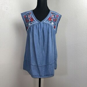 ReCreation Cambray Blouse Women's Medium Blue Embroidered Floral Lagenlook Boho
